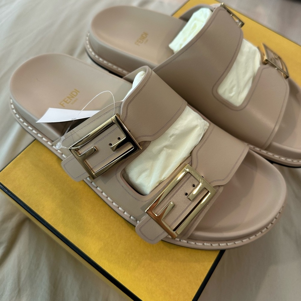 Fendi Beige Sandals with Gold Buckles
